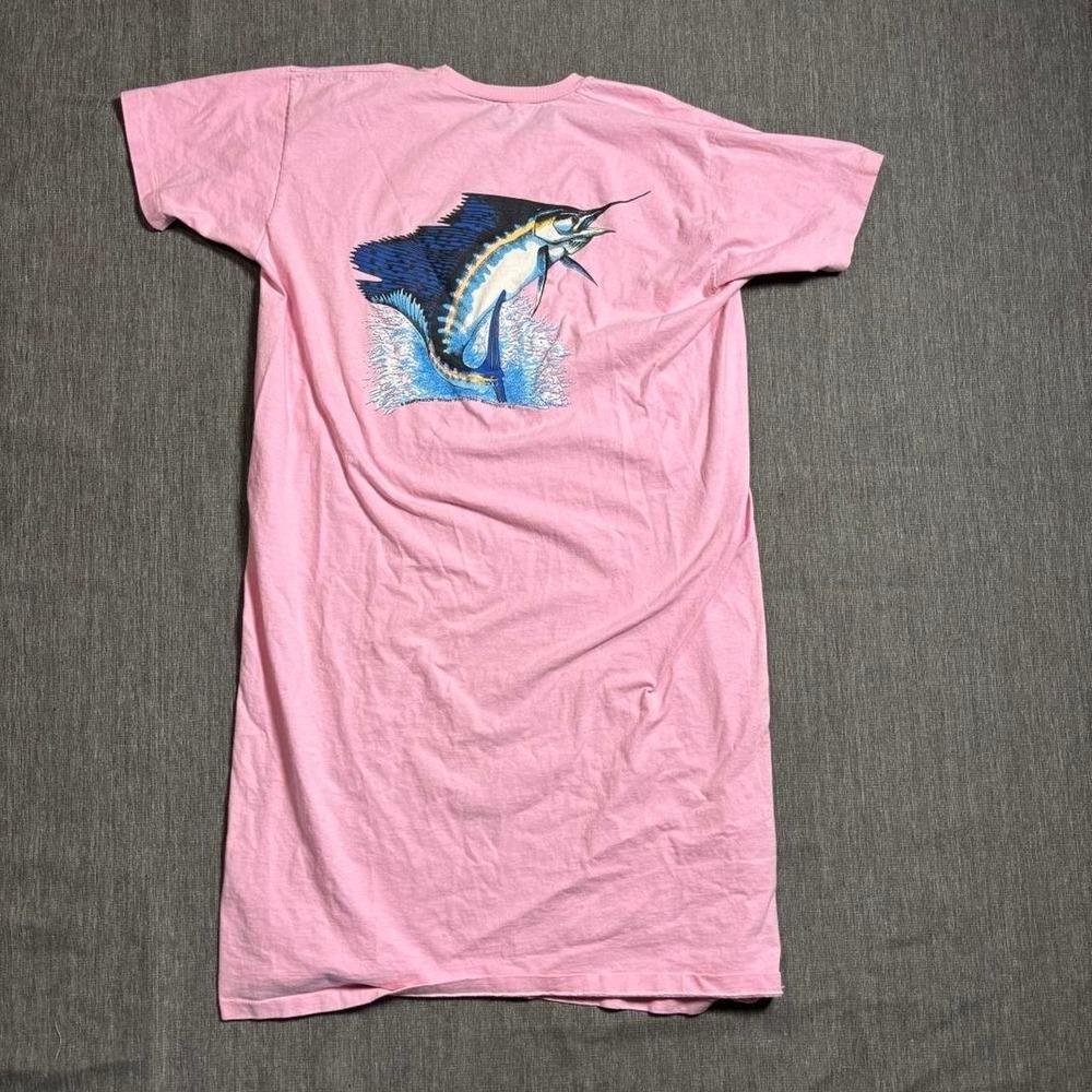 Pink vintage 1989 fishing dress with swordfish graphic on the back